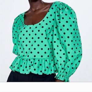NWT Zara Mint Green Polka Dot Peplum Blouse with Black Dots